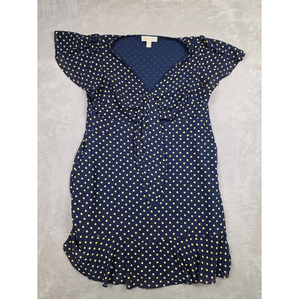 Michael Kors Polka Dot Dress Womens 14 Blue Yellow‎ Ruffle Hem Flutter